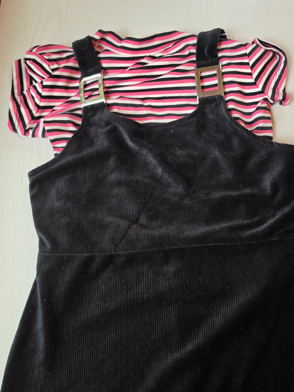 Beautees Black Corduroy Pinafore Dress with Pink & Black Striped Top